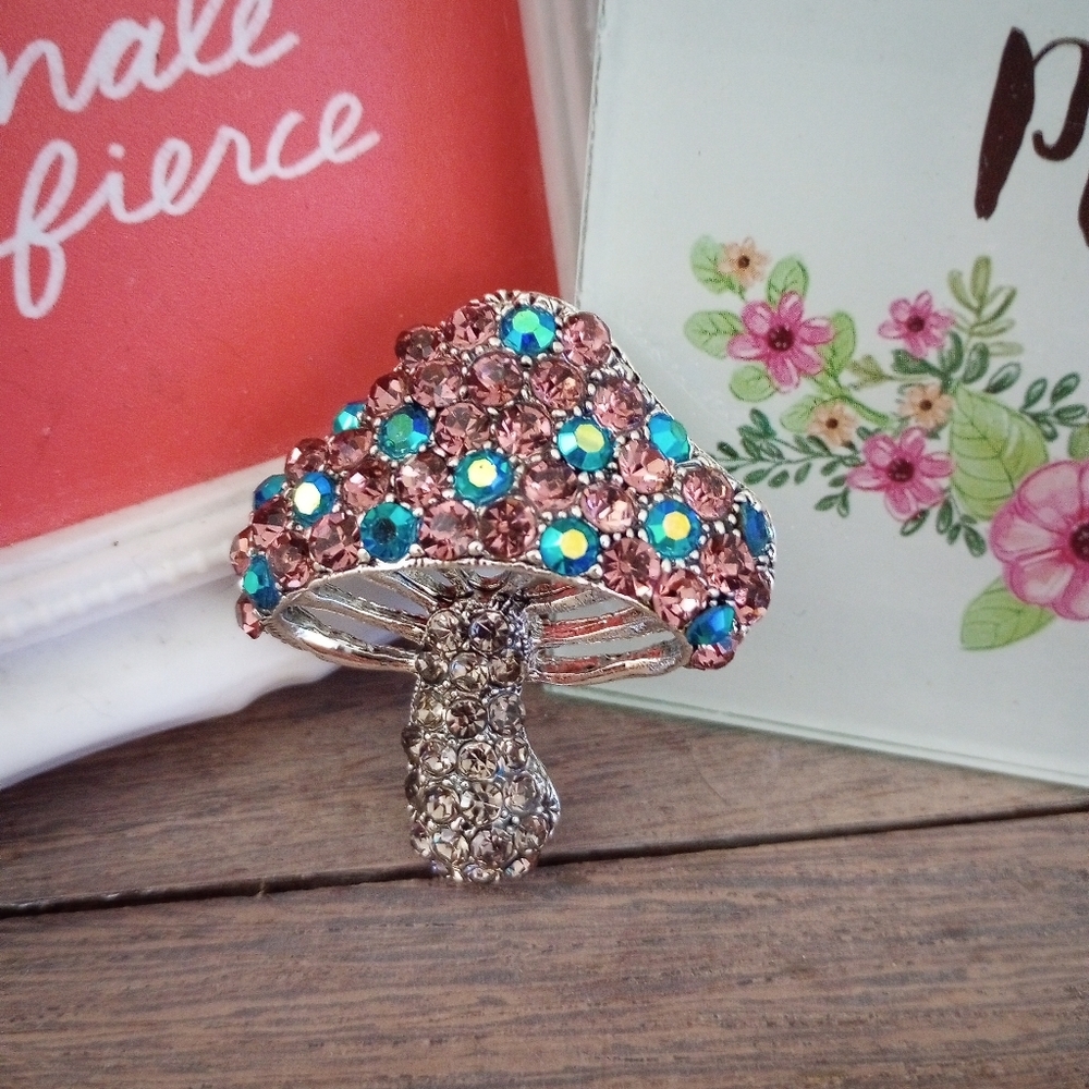 silver tone mushroom brooch with rhinestones
